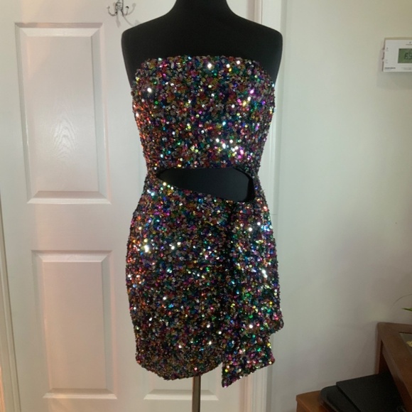 Lulus Sequin Cut Out Multicolor Strapless Party Mini Dress Size Medium - Picture 8 of 9